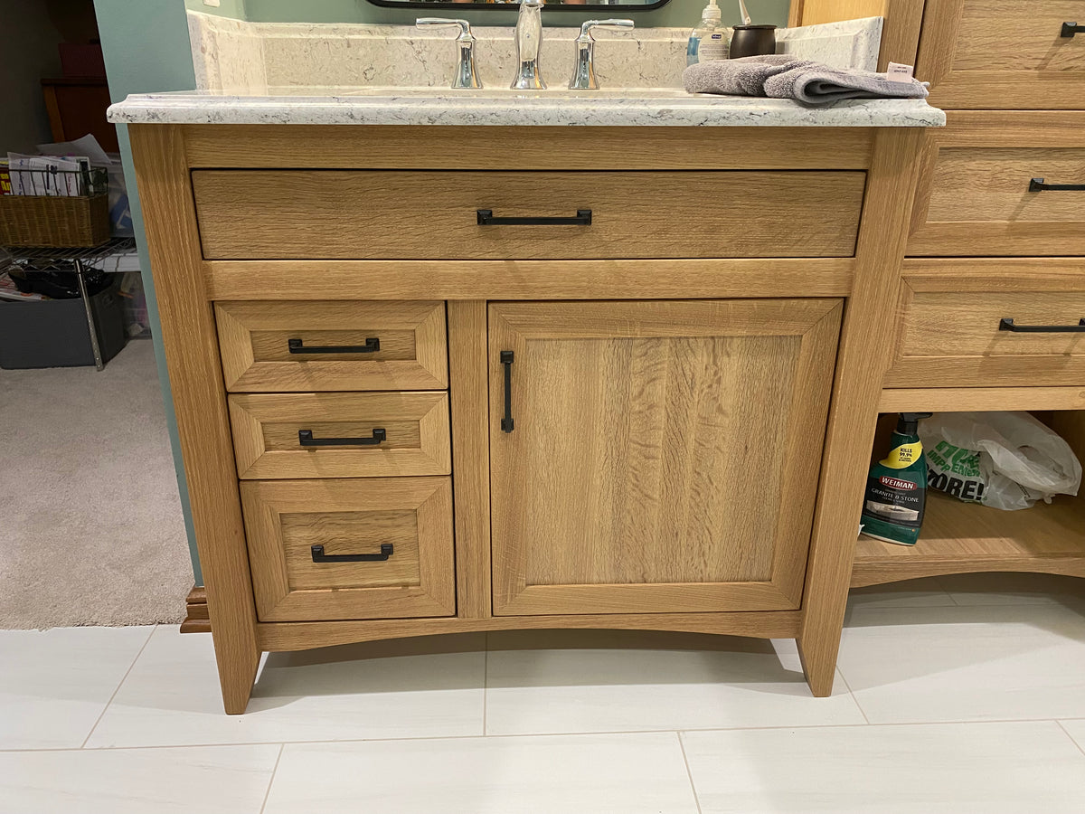 Rift Sawn White Oak Bathroom Vanity Base Set and Center Linen Tower - Custom Made to Your Bathroom