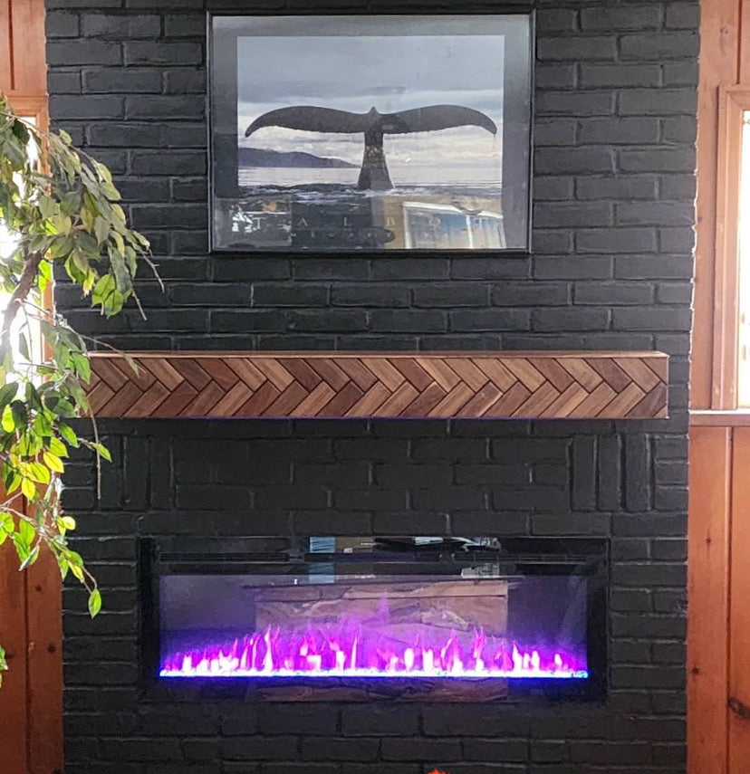 Modern Walnut Fireplace Mantel Shelf with Herringbone Pattern | Mid Century Modern Fireplace Mantle Shelf | Handmade Wood Mantel