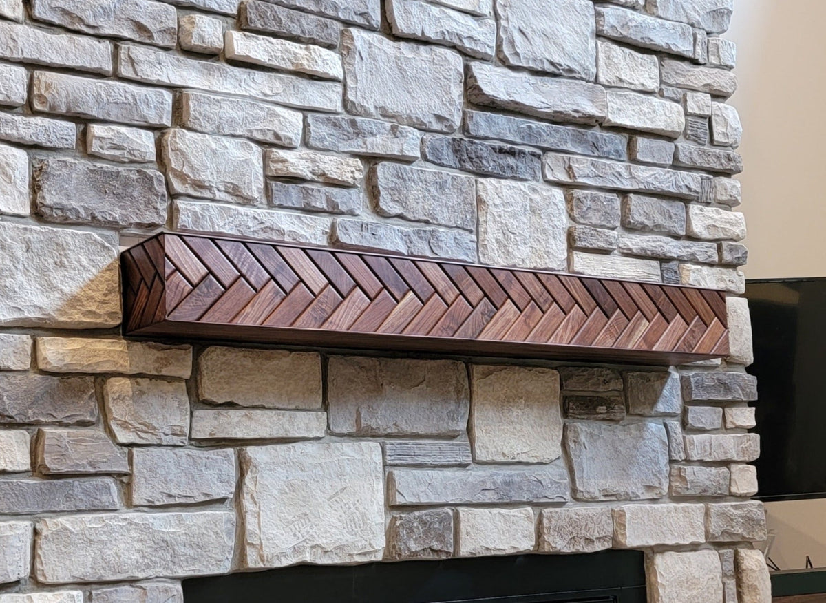 walnut fireplace mantle, walnut mantel, herringbone mantle, custom handmade fireplace mantle, herringbone floating shelf, unique fireplace mantle