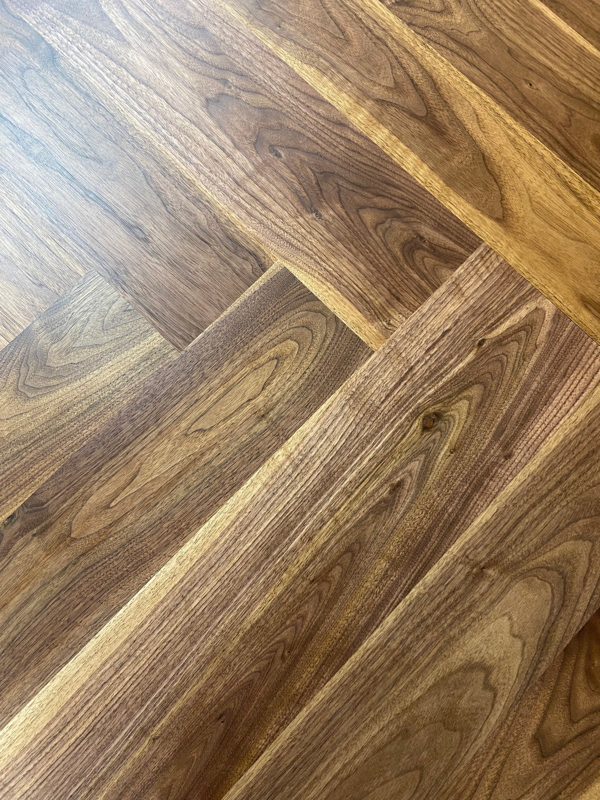 Walnut Herringbone Dining Room Table with Parsons Style Base