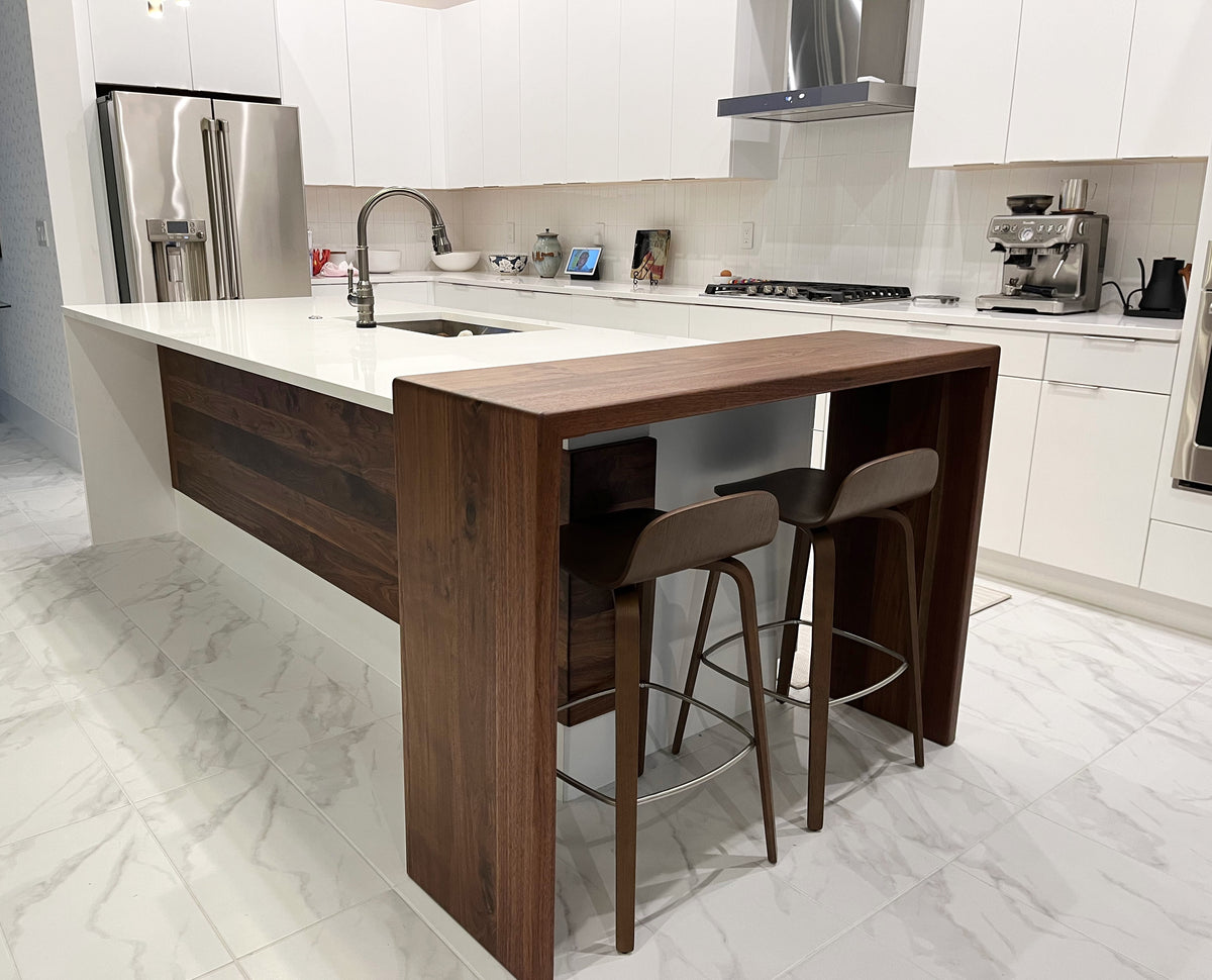 kitchen island extension table, kitchen island table, waterfall table, walnut kitchen table, counter height table, bar height kitchen table