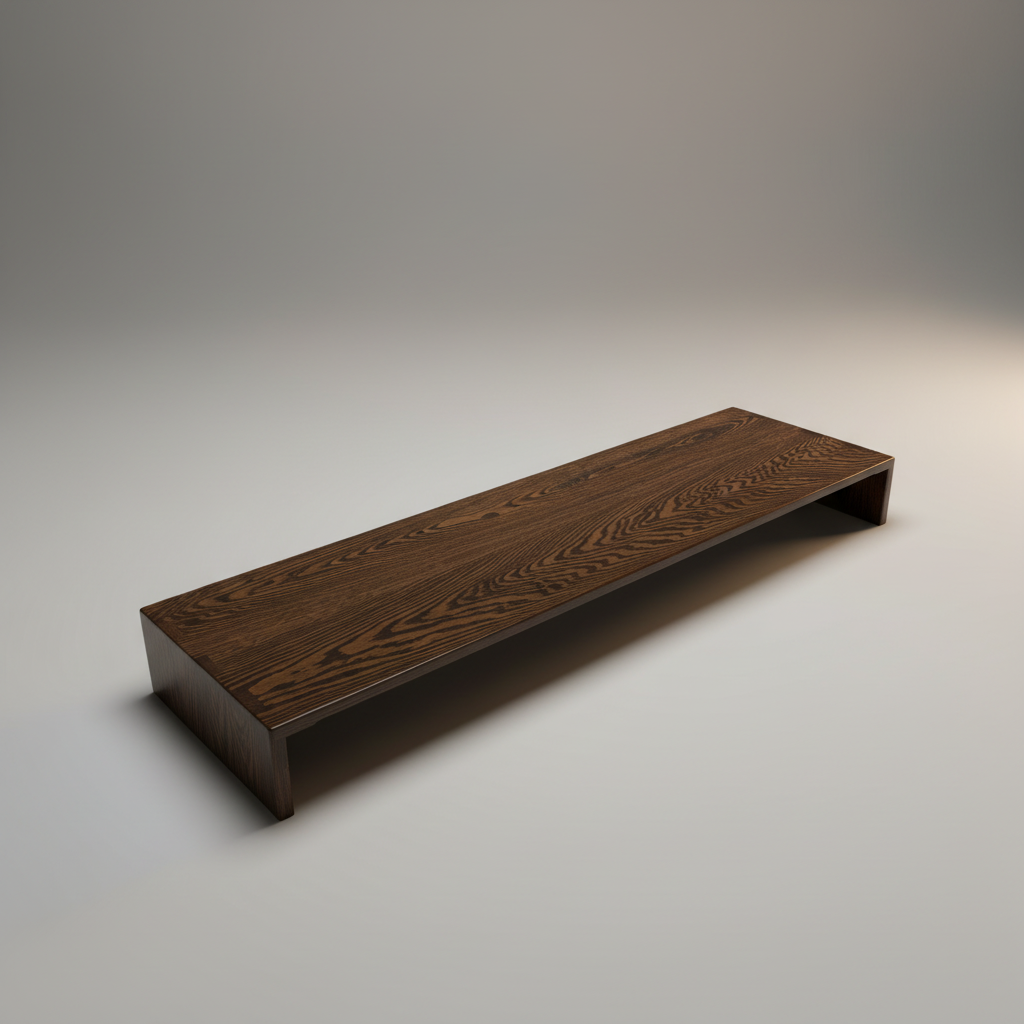 a modern wood ottoman cover in a photography studio with a grey backdrop