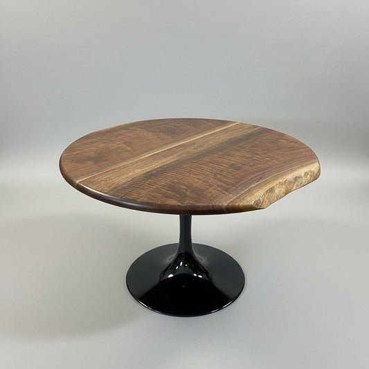 Round Walnut Dining Table with Live Edge Accent, handmade in columbus ohio, columbus ohio furniture, custom furniture, designer, luxury, natural edge, unique round dining table, one of a kind dining table using walnut slabs