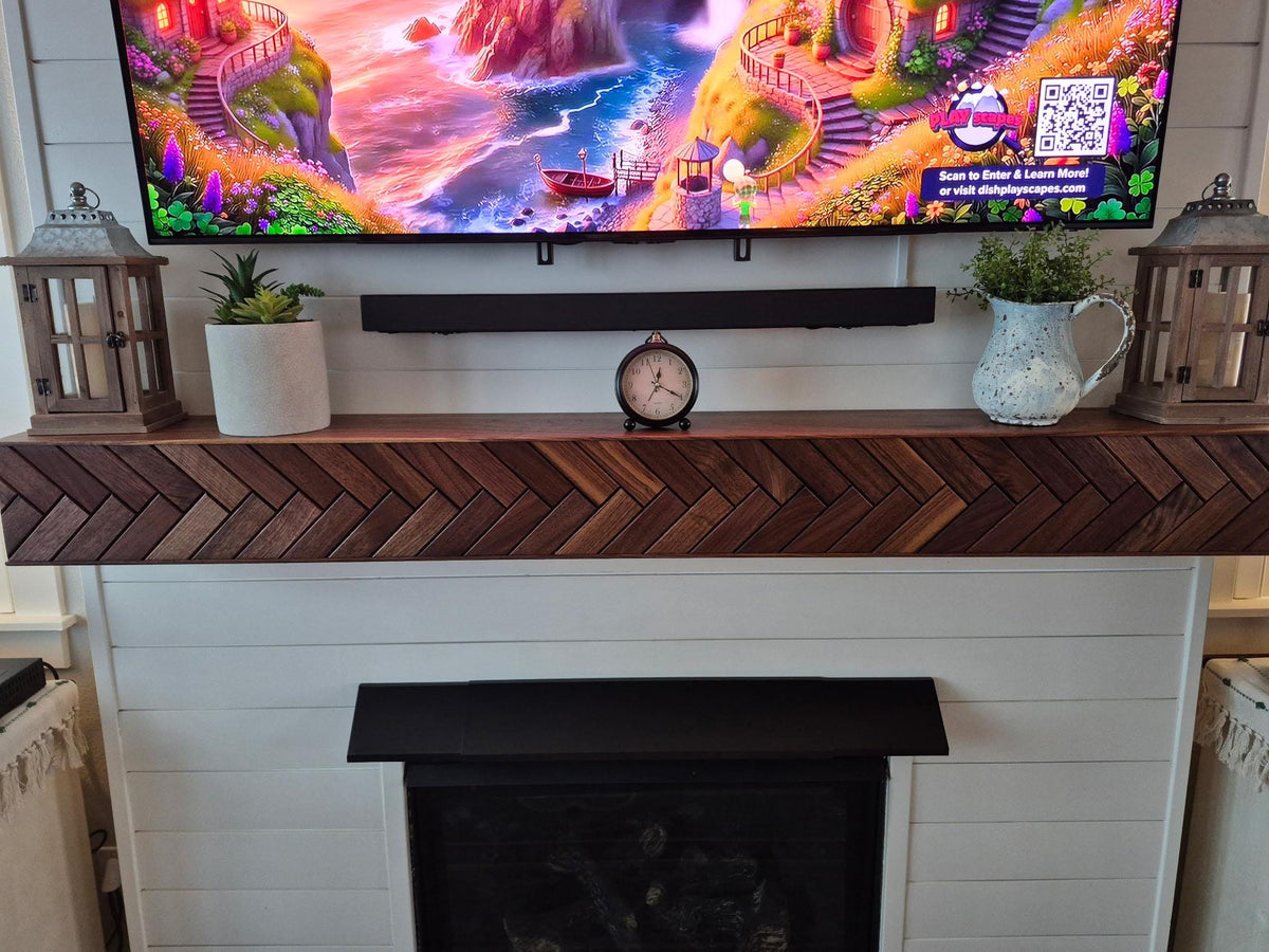 Modern Walnut Fireplace Mantel Shelf with Herringbone Pattern | Mid Century Modern Fireplace Mantle Shelf | Handmade Wood Mantel