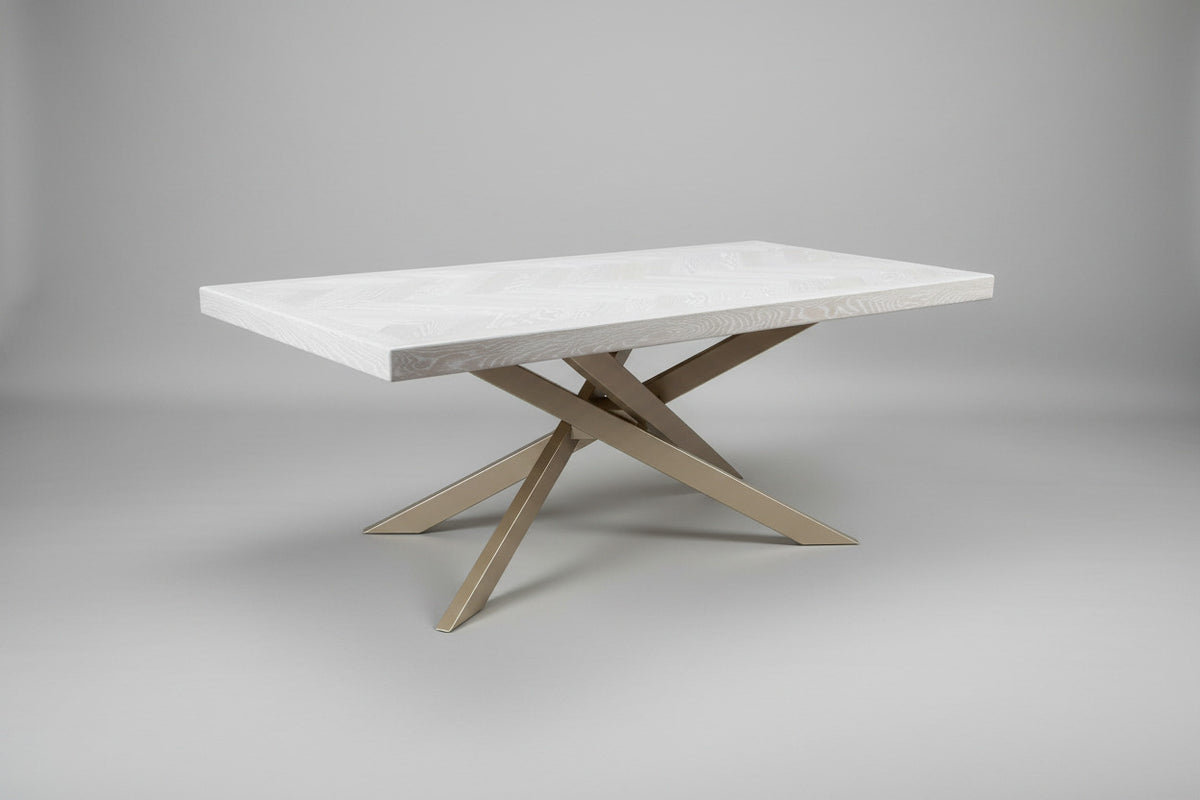 modern dining table with champagne gold metal base, matrix base, herringone table, oak table, whitewashed table, contemporary design, arhaus, restoration hardware, made in columbus ohio