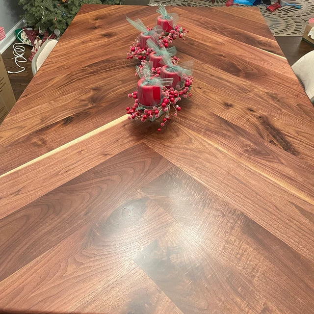 Walnut Craftsman Trestle Dining Table - Stunning Herringbone Table Top