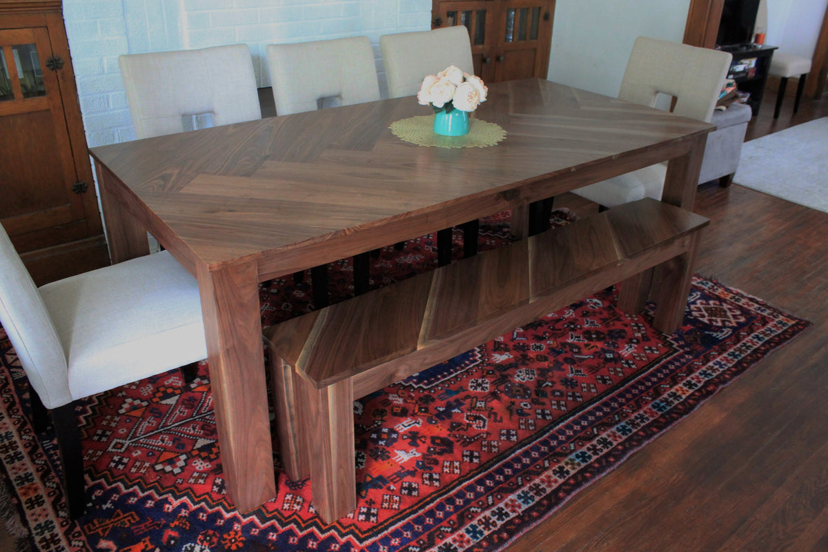 Herringbone trestle dining table, Mission dining table with X base, modern farmhouse dining table handmade in columbus ohio, parsons dining table, four leg dining table with bench handmade in columbus ohio, new albany, upper arlington, cleveland, cincinnati, sandusky, johnstown, bexley, bexely, contemporary dining table, dining table with matching bench, walnut dining table, elegant dining table, chunky four leg dining table, traditional dining table