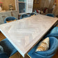 whitewashed dining table, herringone dining table, herrinbgone table, white dining table, white wood dining table, white wood table, designer dining table, unique dining table, contemporary dining table, artisan dining table